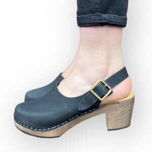 Lotta's Swedish Eva Sling Back Black Wooden Heel Clogs 41
